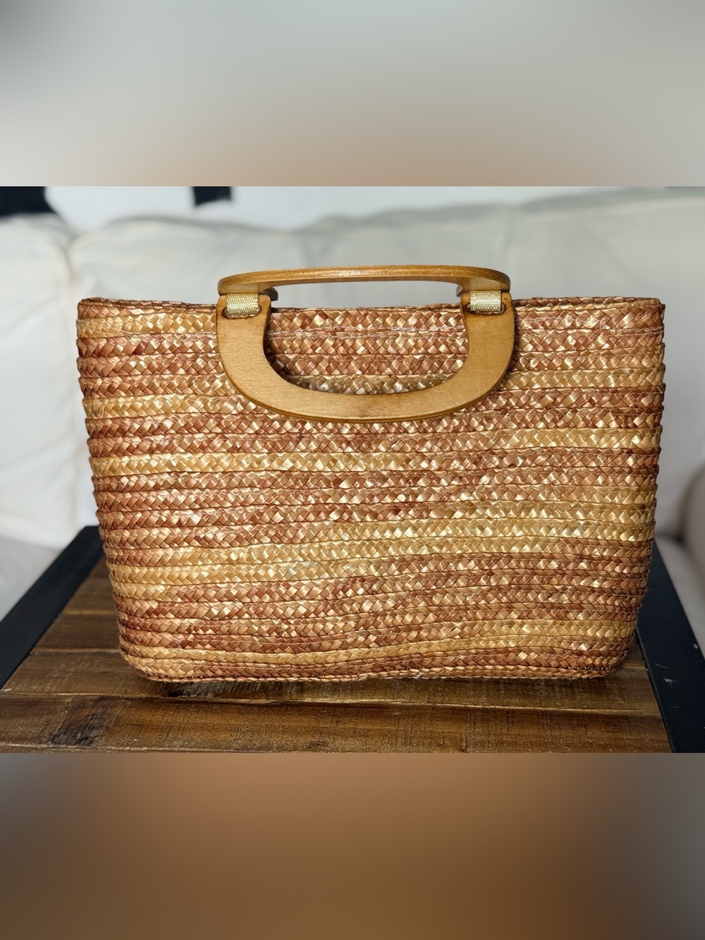Woven Straw Tote with Wooden Handles - Natural Tan